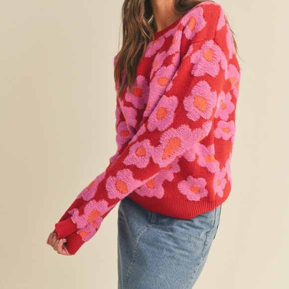 Pink fuchsia Sherpa floral flower print embroidered bohemian oversized sweater - Picture 9 of 10